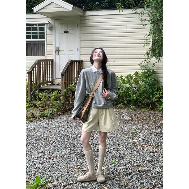 2024早秋新款高级感简约时尚通勤长袖卫衣高腰宽松直筒休闲短裤女