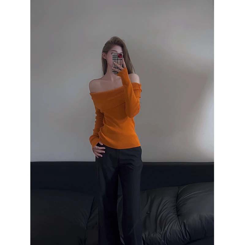 辣妹风性感一字领修身显瘦长袖针织衫上衣秋季高腰垂感休闲阔腿裤