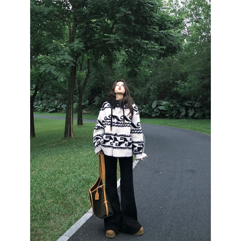 秋冬新款韩系小个子宽松连帽长袖外套上衣高腰显瘦直筒微喇叭裤女