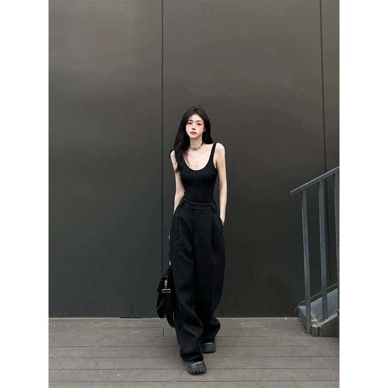 小吊带背心带胸垫外穿U形露背黑色阔腿西装裤美式复古辣妹阔腿裤