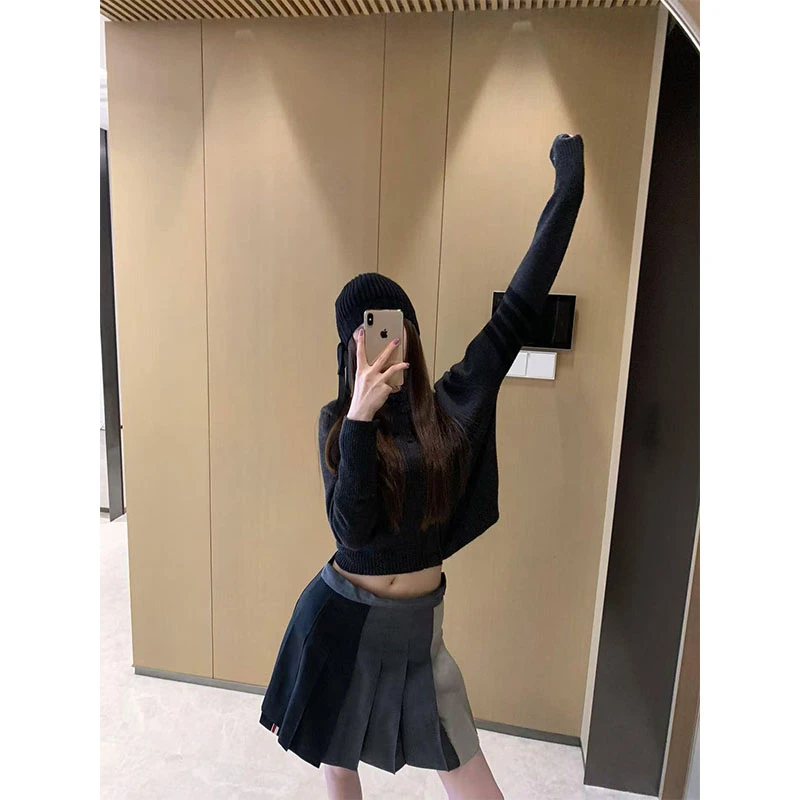 秋冬新款简约气质设计感宽松短款长袖针织开衫高腰显瘦百褶短裙女