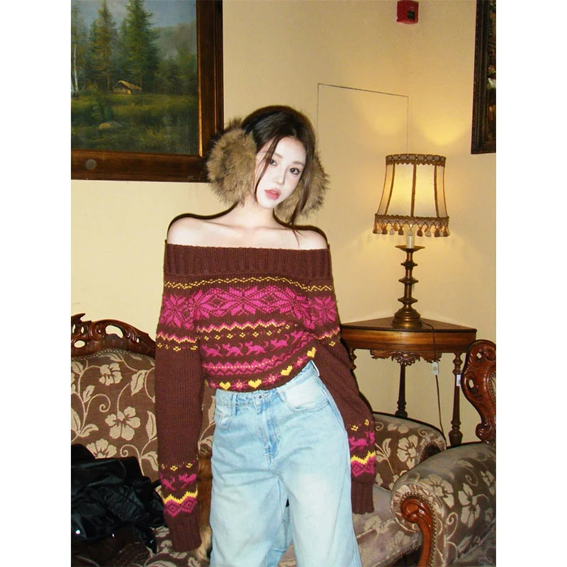 2025秋季新款圣诞系列甜美一字肩长袖针织毛衣高腰显瘦做旧牛仔裤