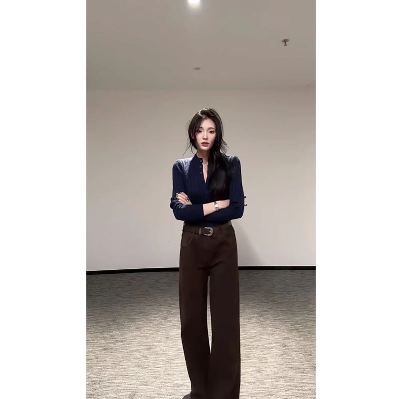 2024秋冬新款简约通勤穿搭半开领修身长袖针织衫高腰显瘦休闲长裤