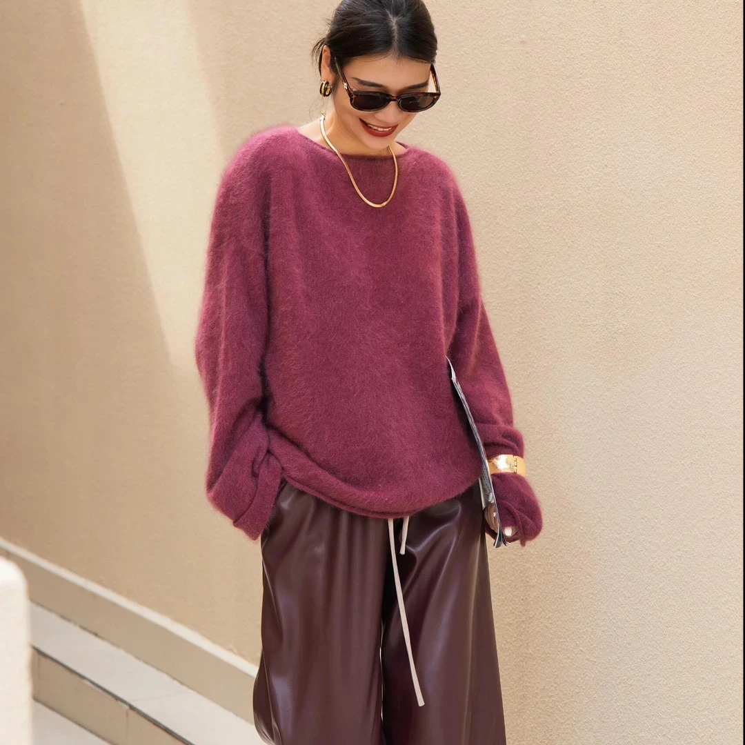 2024秋冬新款法式高级感宽松套头圆领针织上衣高腰显瘦休闲阔腿裤