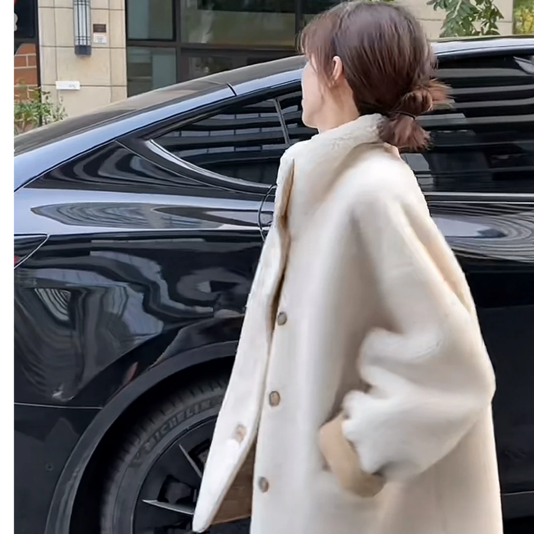 韩版简约立领皮毛一体羔气质羔毛外套冬季宽松保暖大衣加厚小个子