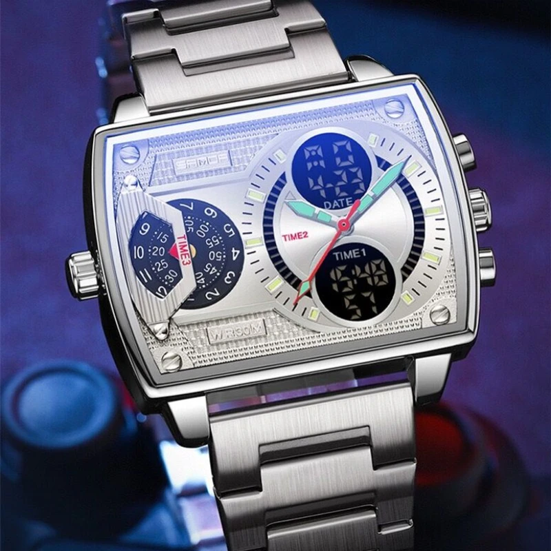 三机芯商务腕表男士个性大表盘多功能方形夜光防水全自动石英手表