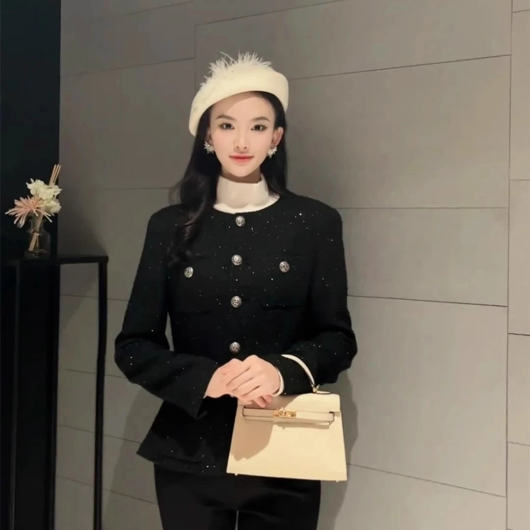 商场同款2024春秋新款收腰显瘦粗花呢亮片小香风加厚短外套女上衣