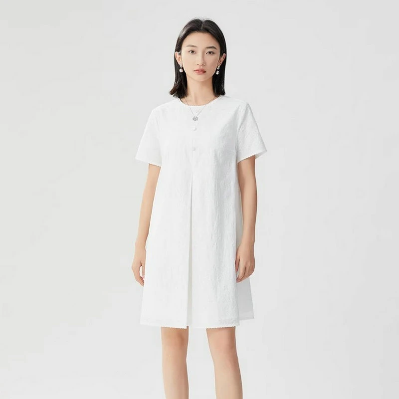 商场同款2025夏季新款时尚圆领新中式肌理感短袖A字中长连衣裙女
