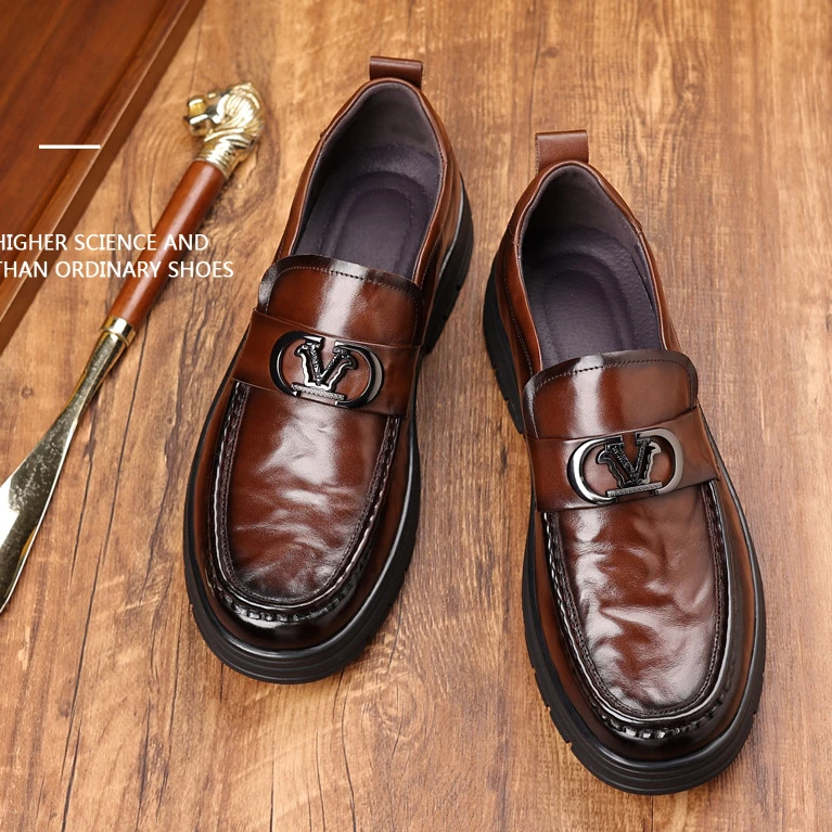 复古豆豆鞋男士商务皮鞋男款舒适一脚蹬棕色防滑耐磨中老年乐福鞋