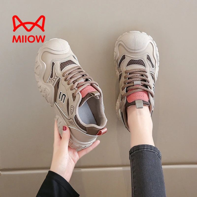 MiiOW/猫人冬季女鞋2024小众复古老爹鞋女透气百搭休闲鞋网面防滑
