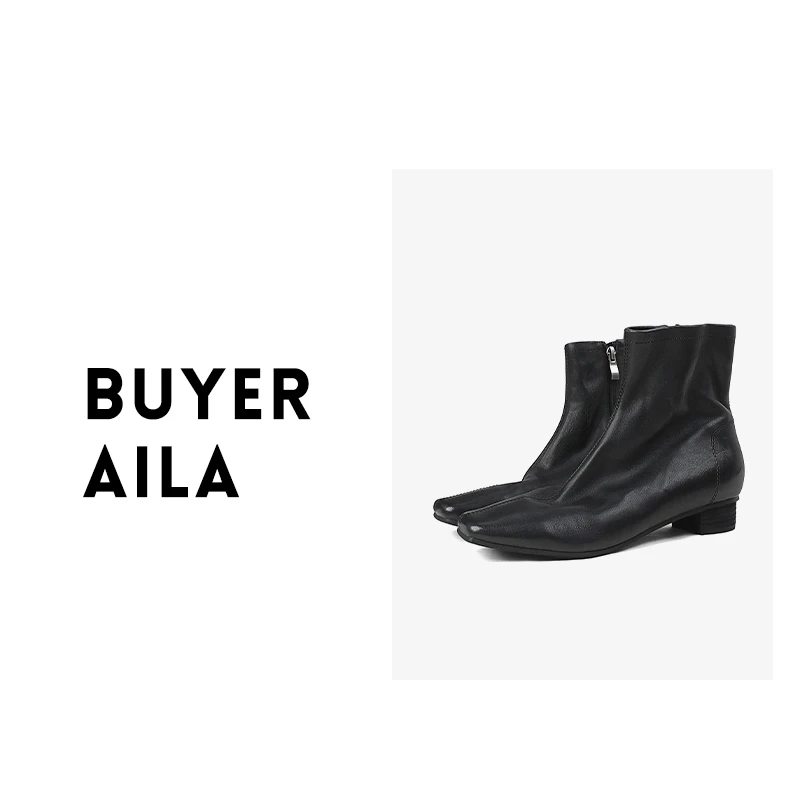 法式复古方头短筒低跟显瘦双线侧拉瘦瘦靴单靴