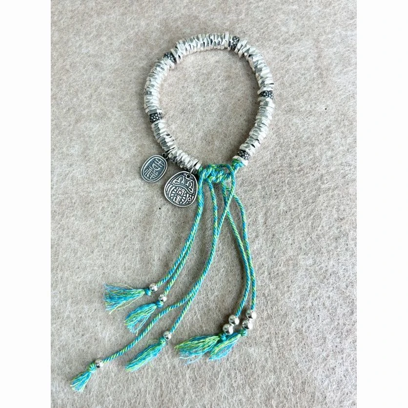 足银手链 复古民族风足银9999手链绿绳编织开运手工盘缠手串