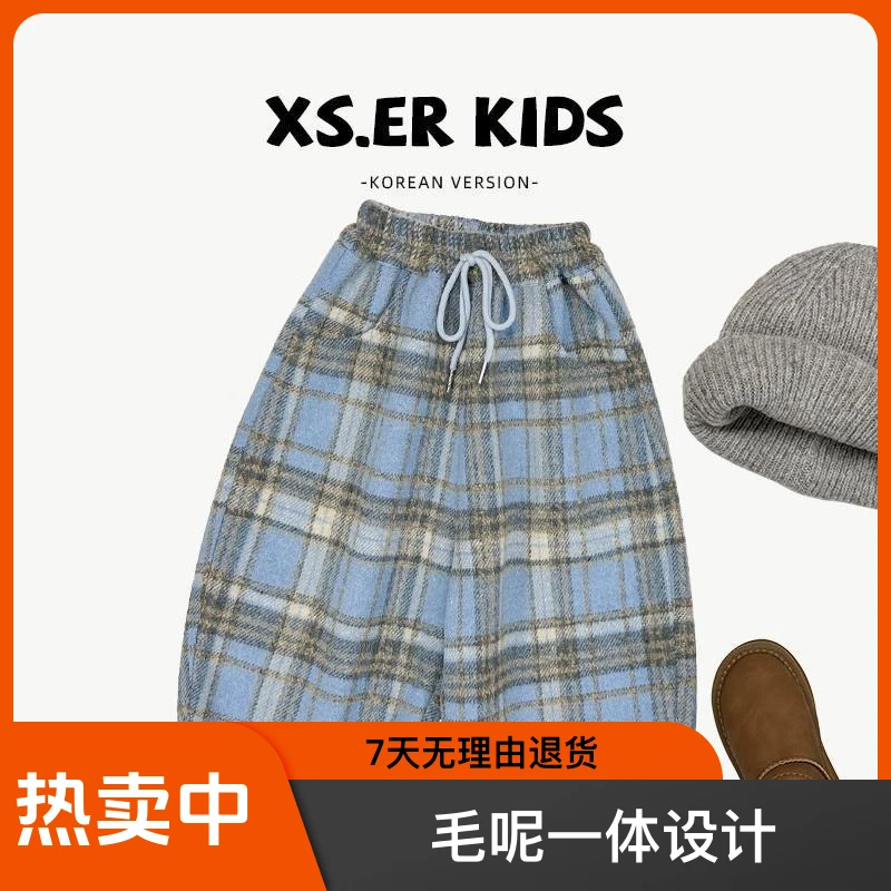 冬装时尚韩版儿童复古格纹女宝毛呢一体奥粒绒加绒宽松休闲裤男宝