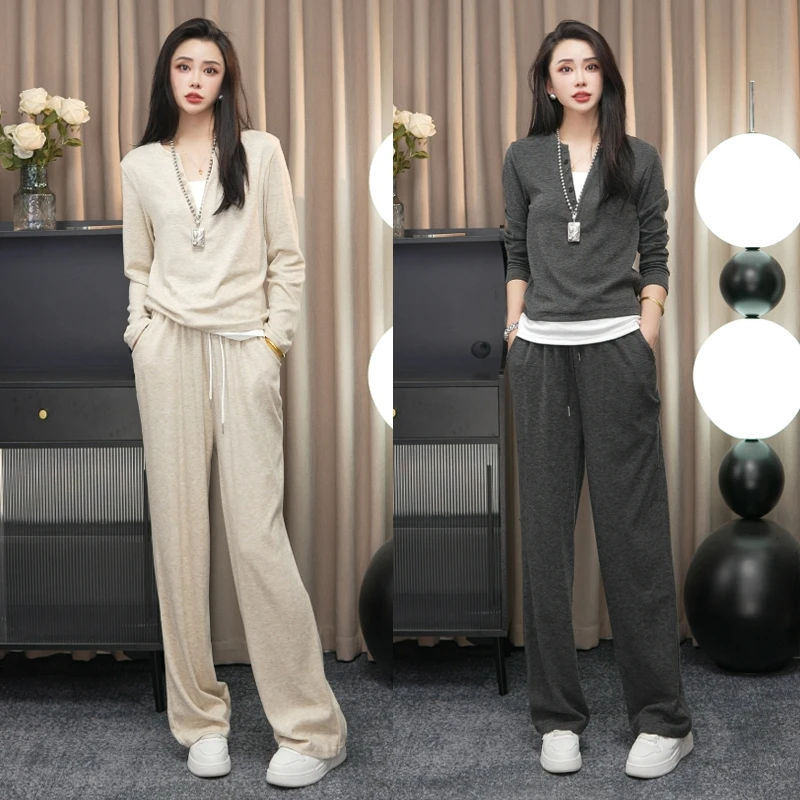 春秋长袖休闲运动套装女糯米套装简约日常显瘦百搭宽松大码两件套