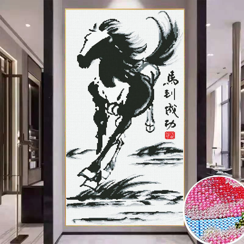 【炫彩玻璃珠绣】马到成功十字绣新款客厅竖版玄关过道单匹马彩珠绣