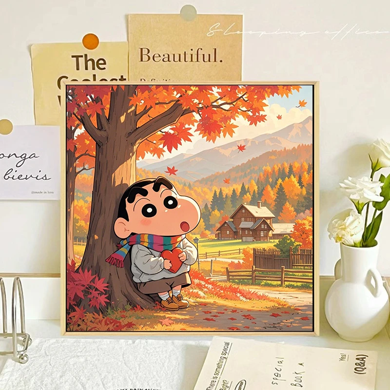 蜡笔小新秋天数字油画diy填充丙烯涂色手工绘爱心情侣礼物油彩画