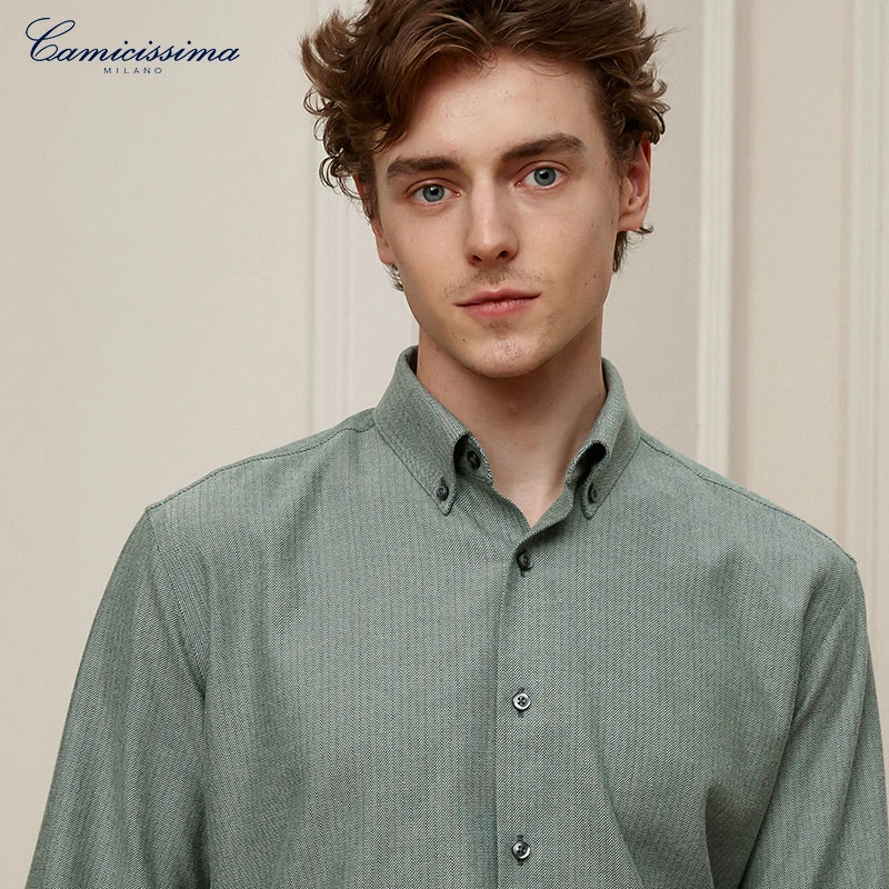 【免烫法兰绒】恺米切秋冬保暖法兰绒衬衫绿色长袖时尚休闲男士衬衣