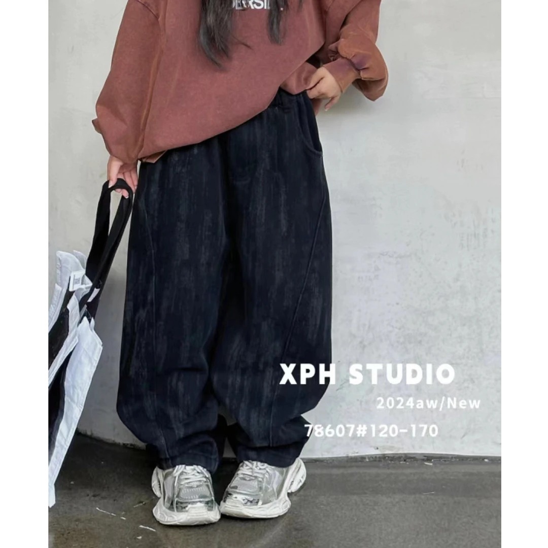 【H93潮牌加绒牛仔裤】儿童2024冬季新款扎染宽松一体绒牛仔裤78607