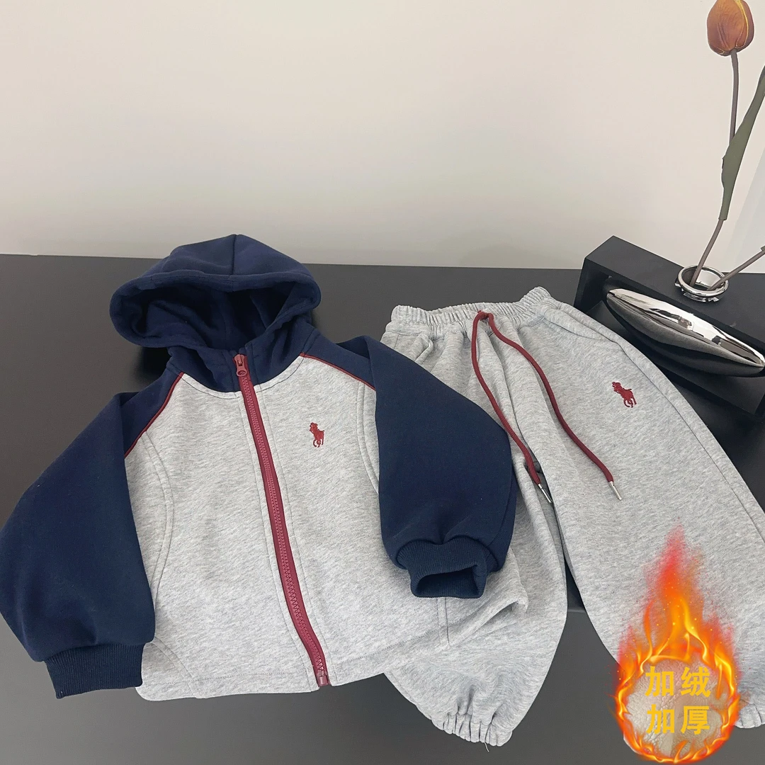 【爆款热卖】男童套装加绒秋冬2024新款儿童运动休闲加厚外套两件套