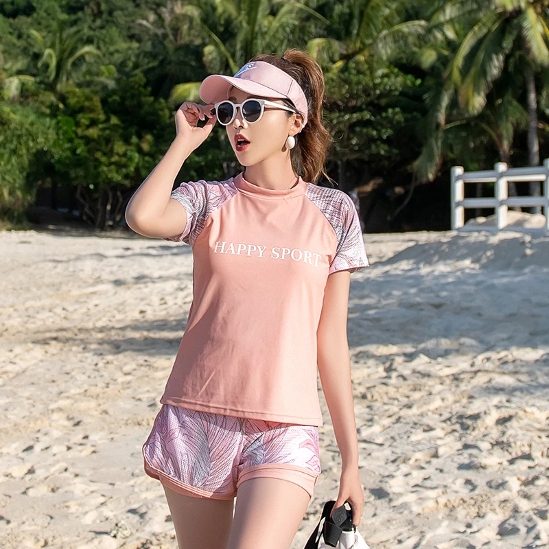 分体泳衣女大码胖MM假两件短裤平角裤短袖泳衣带胸垫海边游泳衣夏