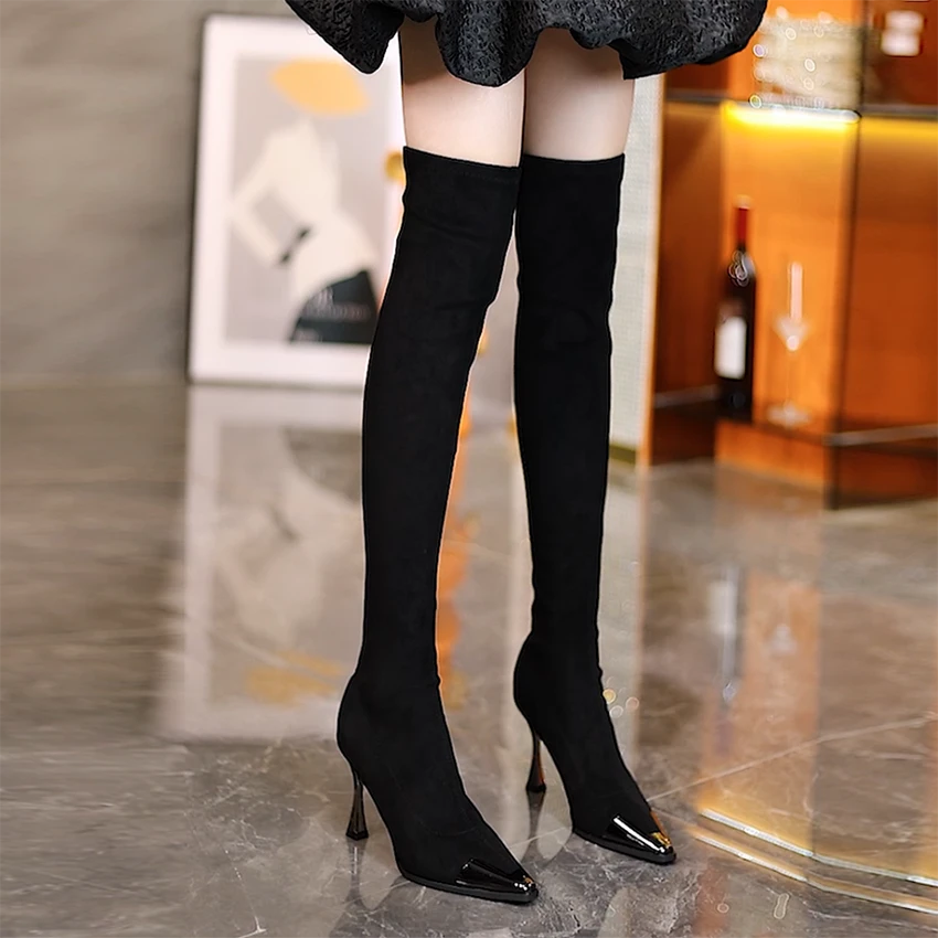 过膝靴女2024秋冬新款金属尖头高跟瘦瘦靴细跟弹力气质百搭高筒靴