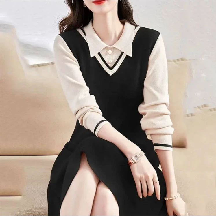 假两件时尚显瘦针织连衣裙长袖收腰气质女装#80199