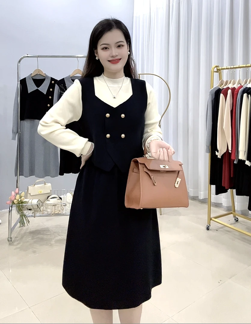 名媛气质中长款连衣裙秋冬2024新款法式洋气宽松显瘦裙子#8151