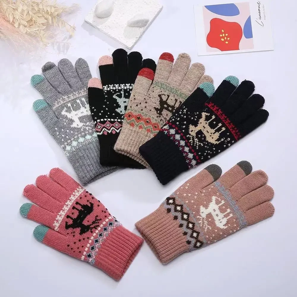 冬季加厚保暖触屏手套女针织毛线小鹿学生加绒骑行手套男可爱韩版