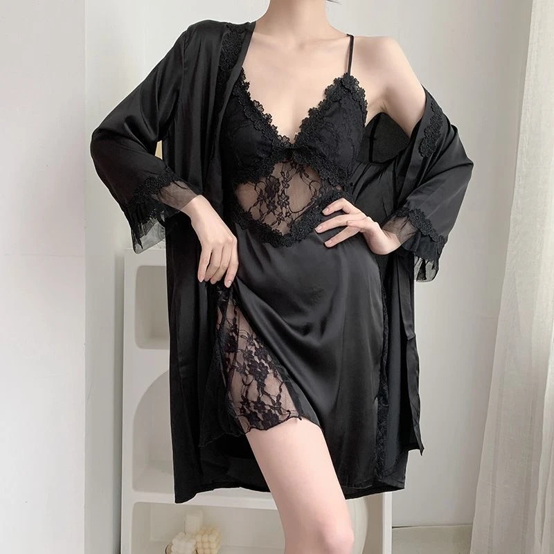 趣味火辣镂空夏季低胸睡裙带胸垫薄款冰丝网红性感睡衣女士居家服