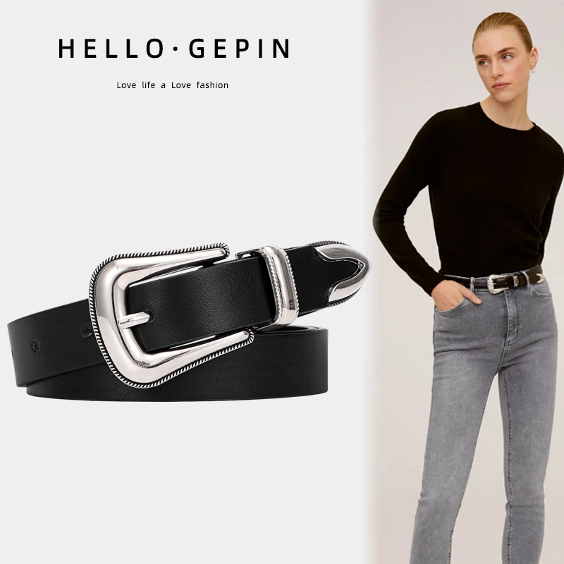 皮带女款时尚简约百搭牛仔裤装饰腰带复古ins风黑色真皮纯牛皮潮