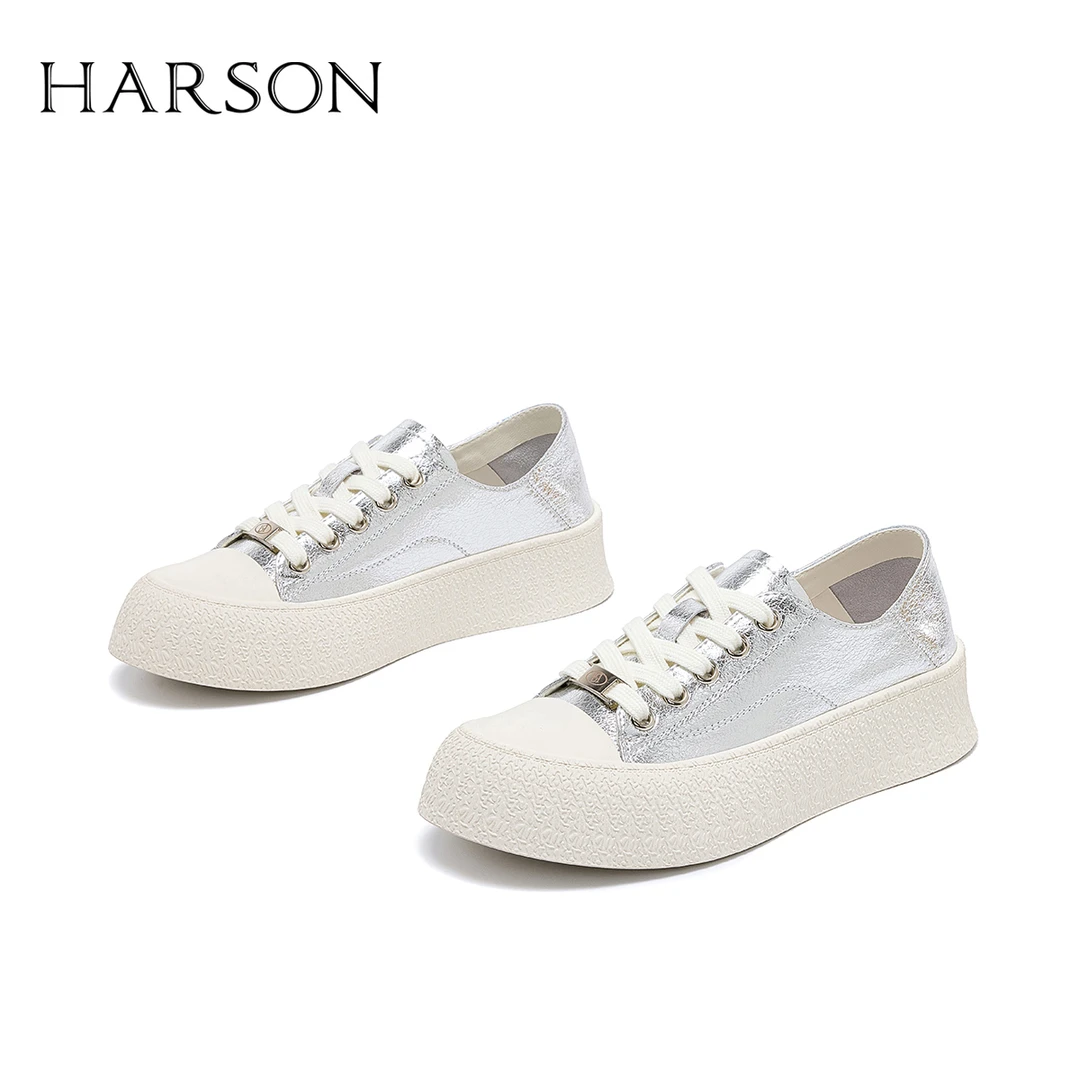 Harson/哈森时尚百搭软底饼干鞋2024秋季新款透气蕾丝系带小白鞋