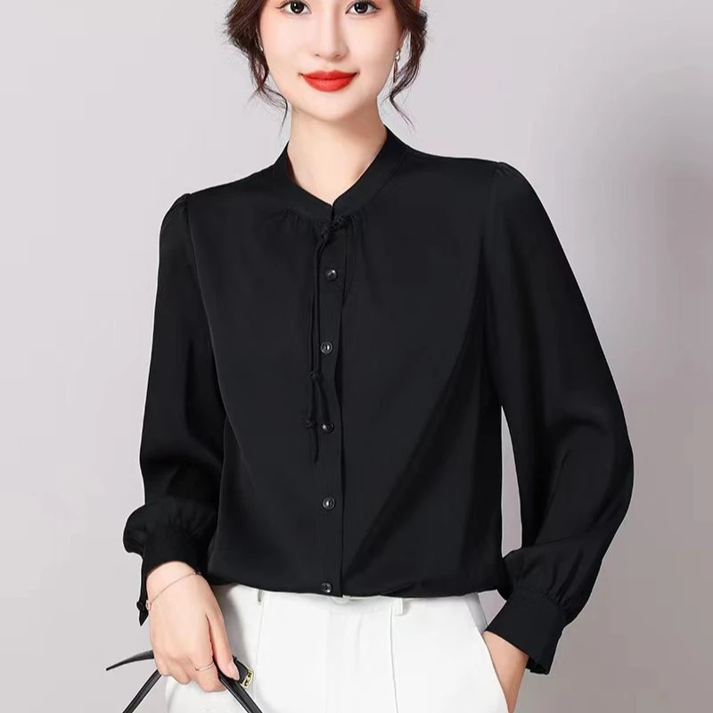 [裁缝方师傅家]小立领系带纽扣设计桑蚕丝衬衫时尚设计感长袖衬衣