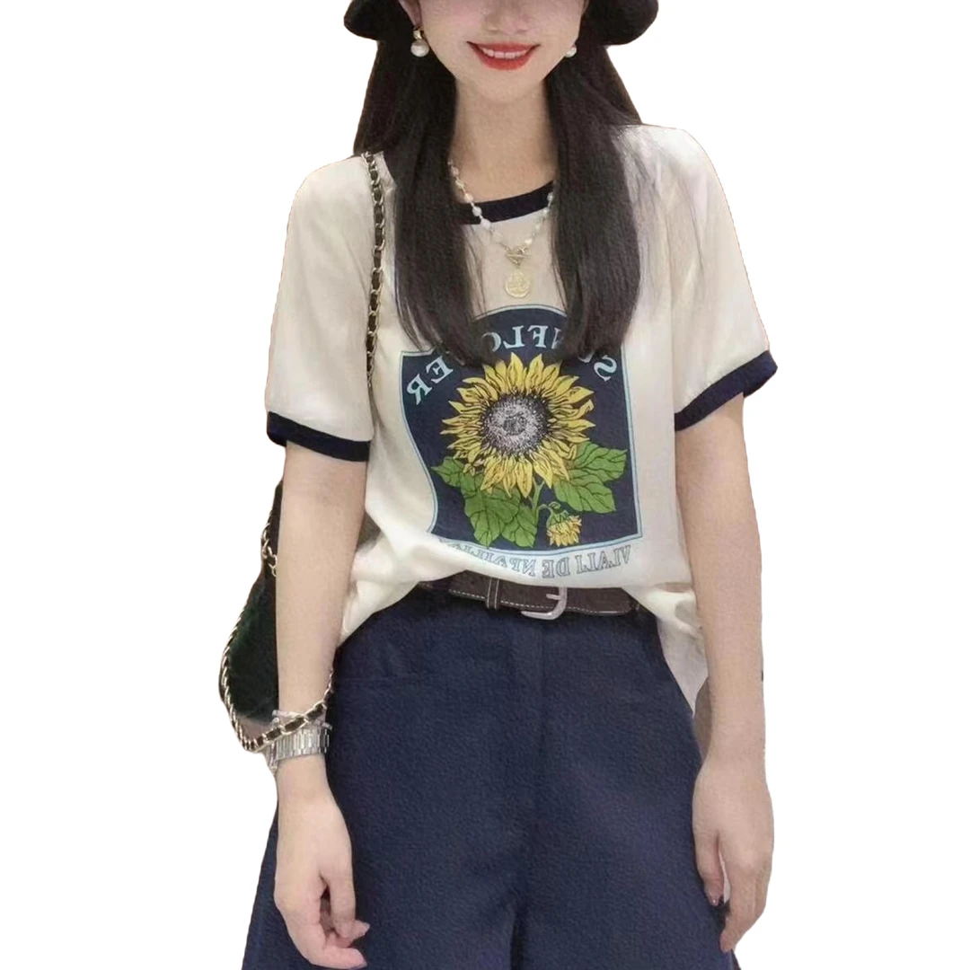 【裁缝方师傅家】向日葵印花T恤真丝短袖时尚休闲圆领洋气减龄宽松