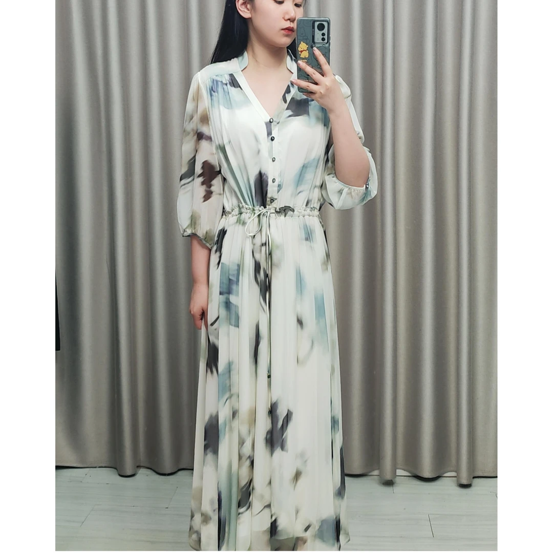 【裁缝方师傅家】水墨画真丝印花连衣裙碎花气质收腰显瘦仙气夏季女
