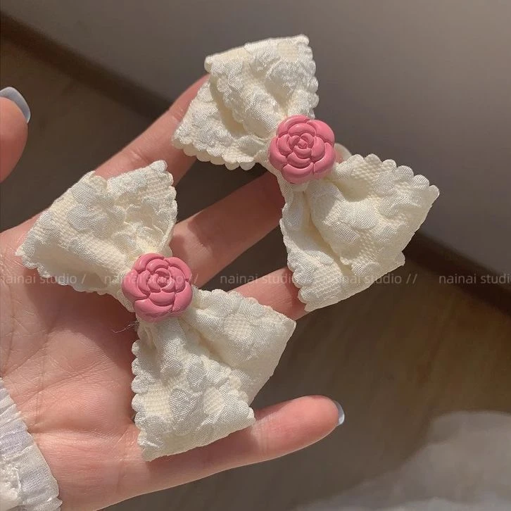粉色山茶花蕾丝蝴蝶结发夹法式复古甜美花朵边夹可爱ins风刘海夹