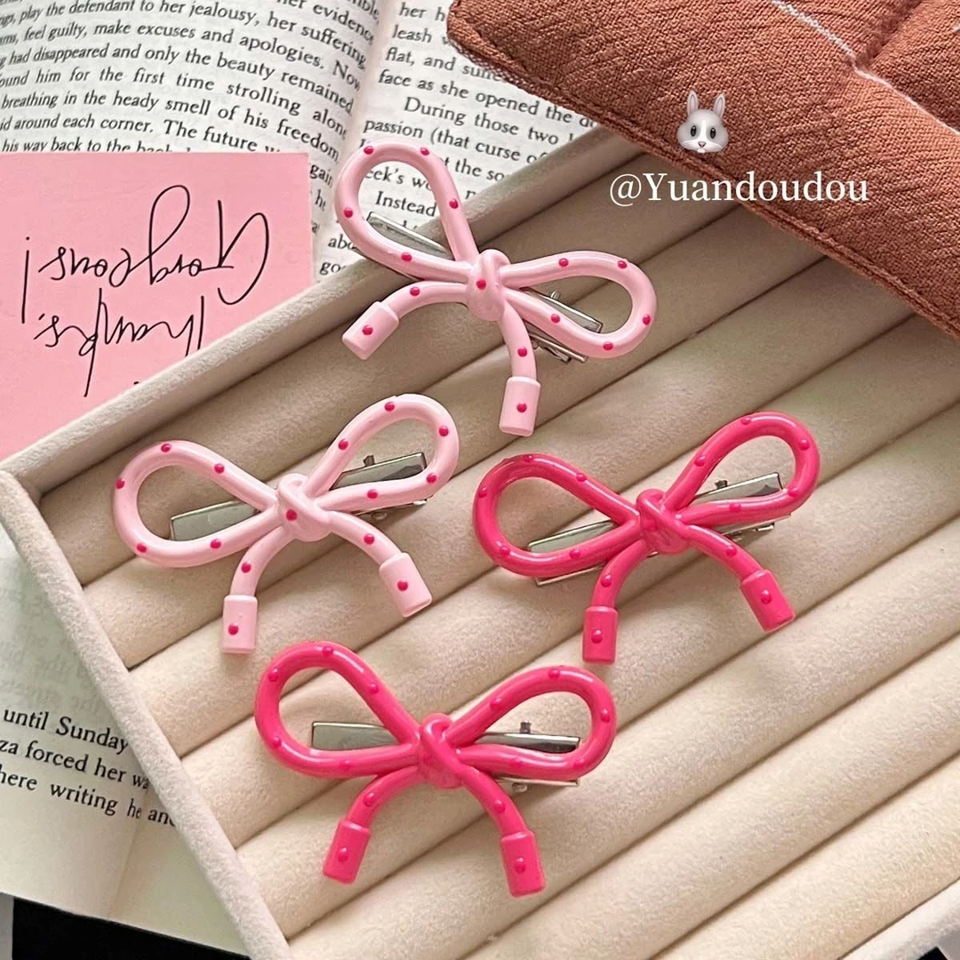 韩系简约波点粉色蝴蝶结鸭嘴夹ins秋冬简约百搭刘海边夹小众头饰