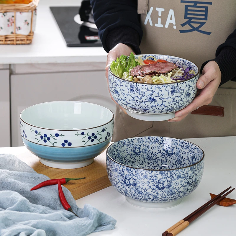 九夏釉下彩日式面碗陶瓷家用高脚汤碗菜碗创意面馆商用拉面碗大碗