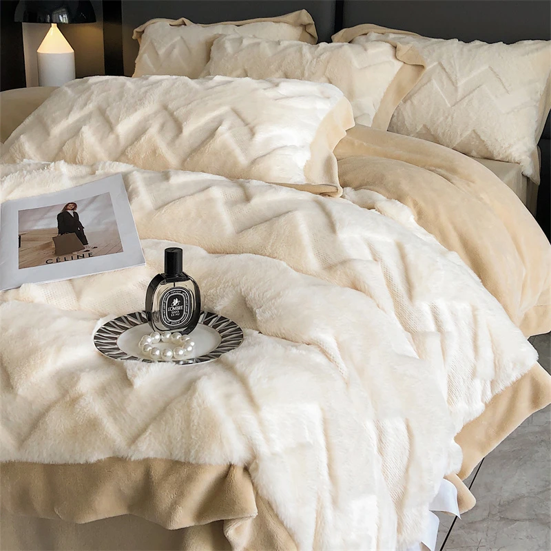 加厚兔毛绒四件套床裙款牛奶绒床单被套法兰绒双面珊瑚绒冬季被套