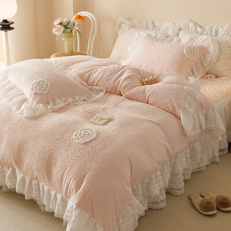 法式仙女牛奶绒四件套公主风珊瑚绒毛绒被套加厚加绒夹棉床裙冬季