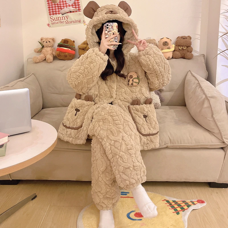 珊瑚绒睡衣女冬加厚加绒三层夹棉女款零下10度特厚抗寒可外穿出门