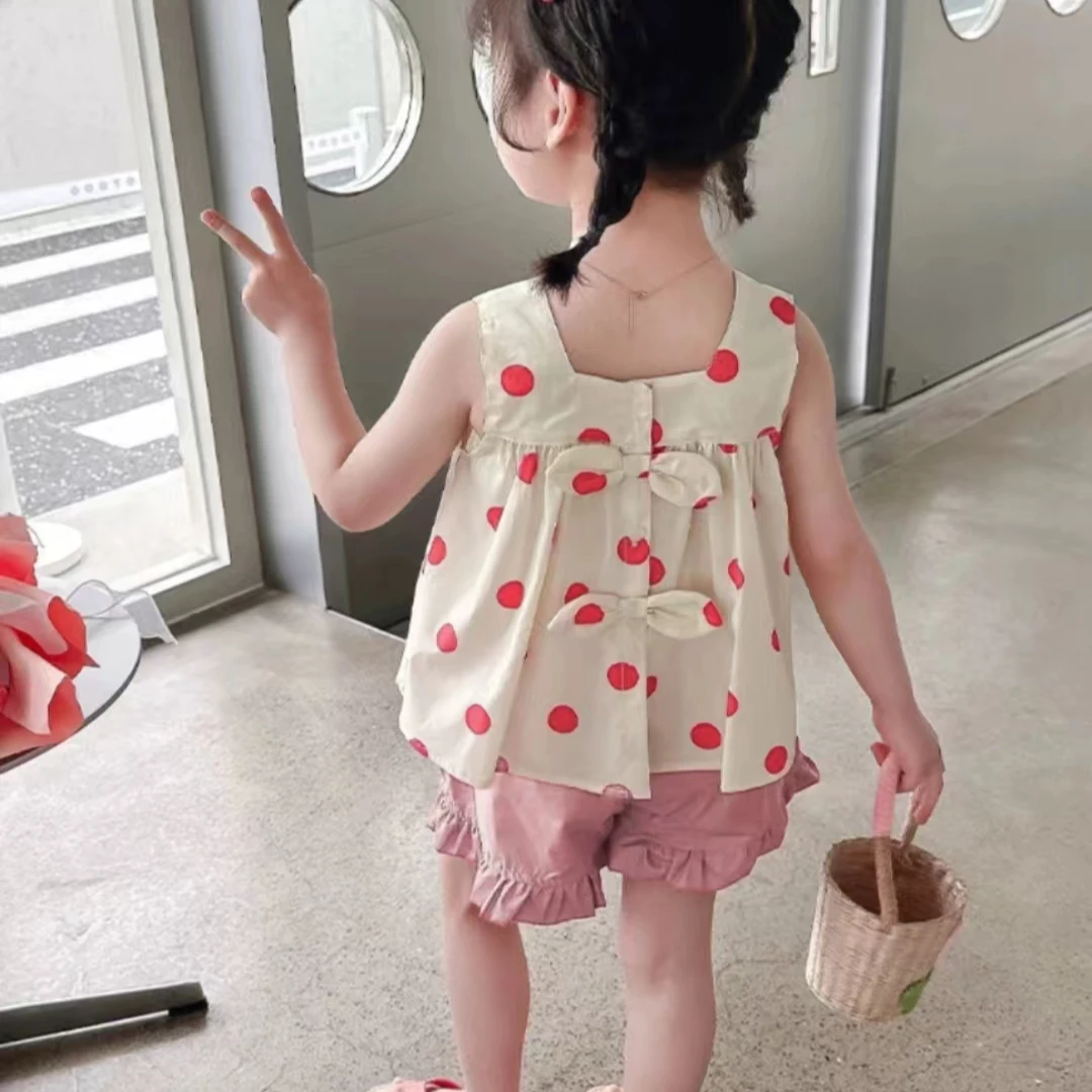 女童夏季新款后背双蝴蝶结套装女宝宽肩粉点点两件套套装N-QX-B43