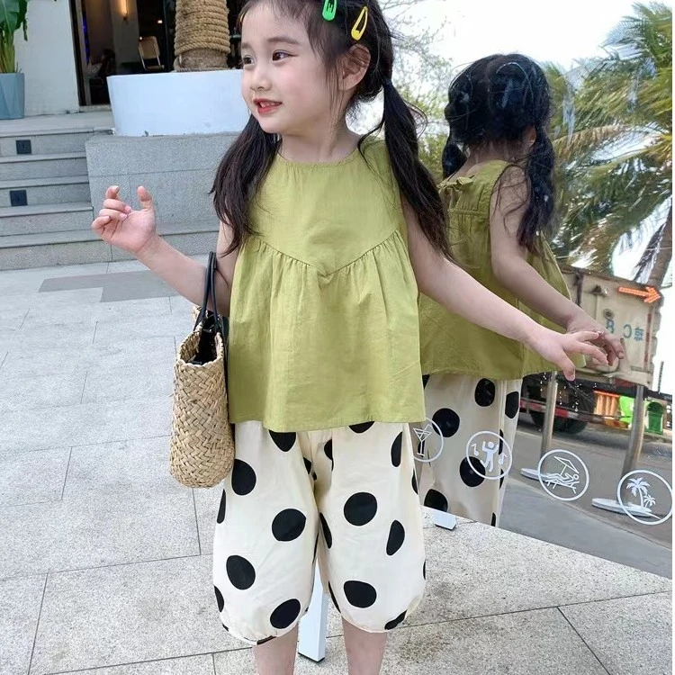 夏季女童韩版清爽背心套装夏季款洋气无袖上衣波点裤套装SJ-J-B12