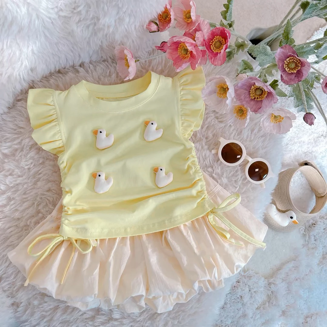 女童夏季新款套装女宝飞袖小鸭两件套女宝立体鸭鸭套装N-QX-B56
