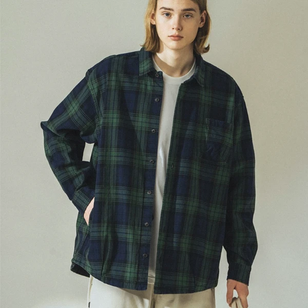 UTIMUS 23AW日系复古休闲磨毛长袖格子衬衫翻领衬衣宽松外套男