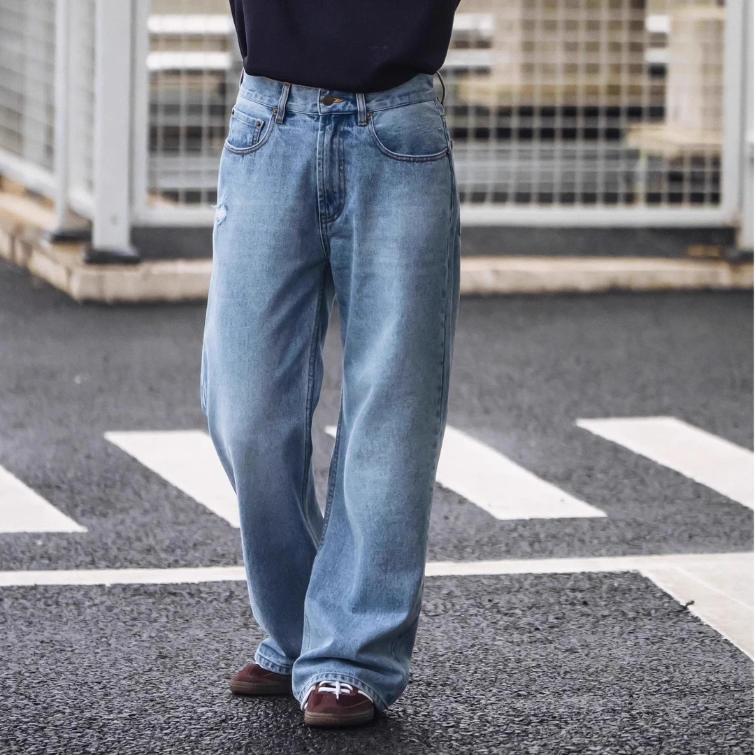 UTIMUS蓝色牛仔裤2021M版型宽松微喇蓝牛长裤高腰直筒裤浅蓝色