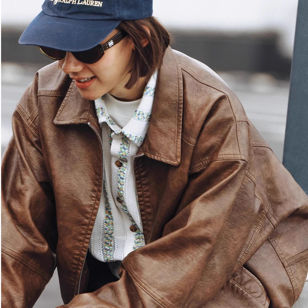 UTIMUS复古做旧水洗皮衣皮夹克PU情侣棕色美拉德宽松外套男女同款