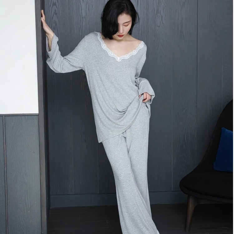 春秋季带胸垫睡衣女蕾丝纯欲风长袖长裤莫代尔棉秋天家居两件套装