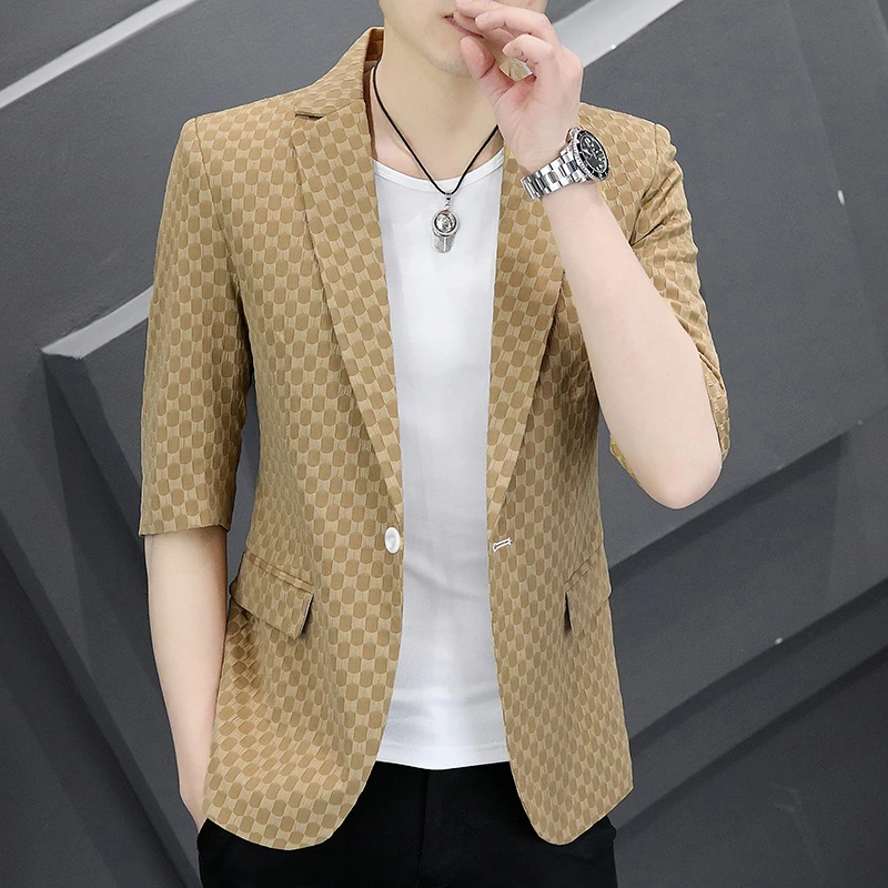 欧洲站时尚高档2025夏季新款七分短袖小西装潮流百搭男士西服外套