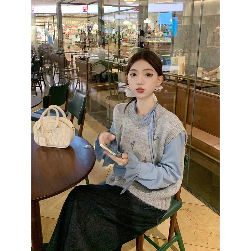 【女婿家】设计感小香风宽松刺绣早秋小众叠穿针织马甲背心上衣