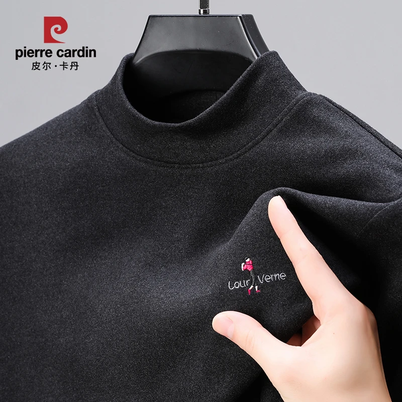 皮尔卡丹男士长袖T恤百搭修身半高领加厚保暖中领纯色德绒打底衫